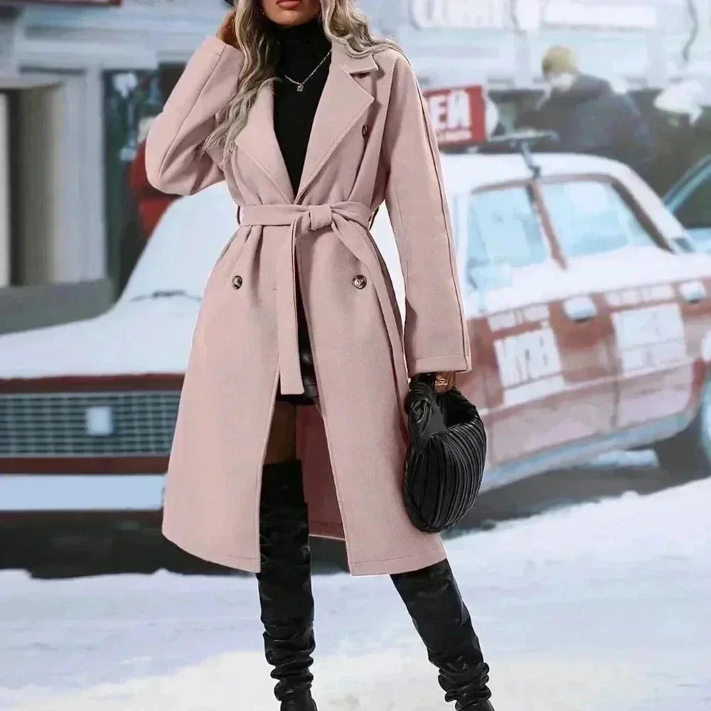 Casual Women's Lapel Neck Double Breasted Belted Jacket coat Dusty Pink - Picture 3 of 6